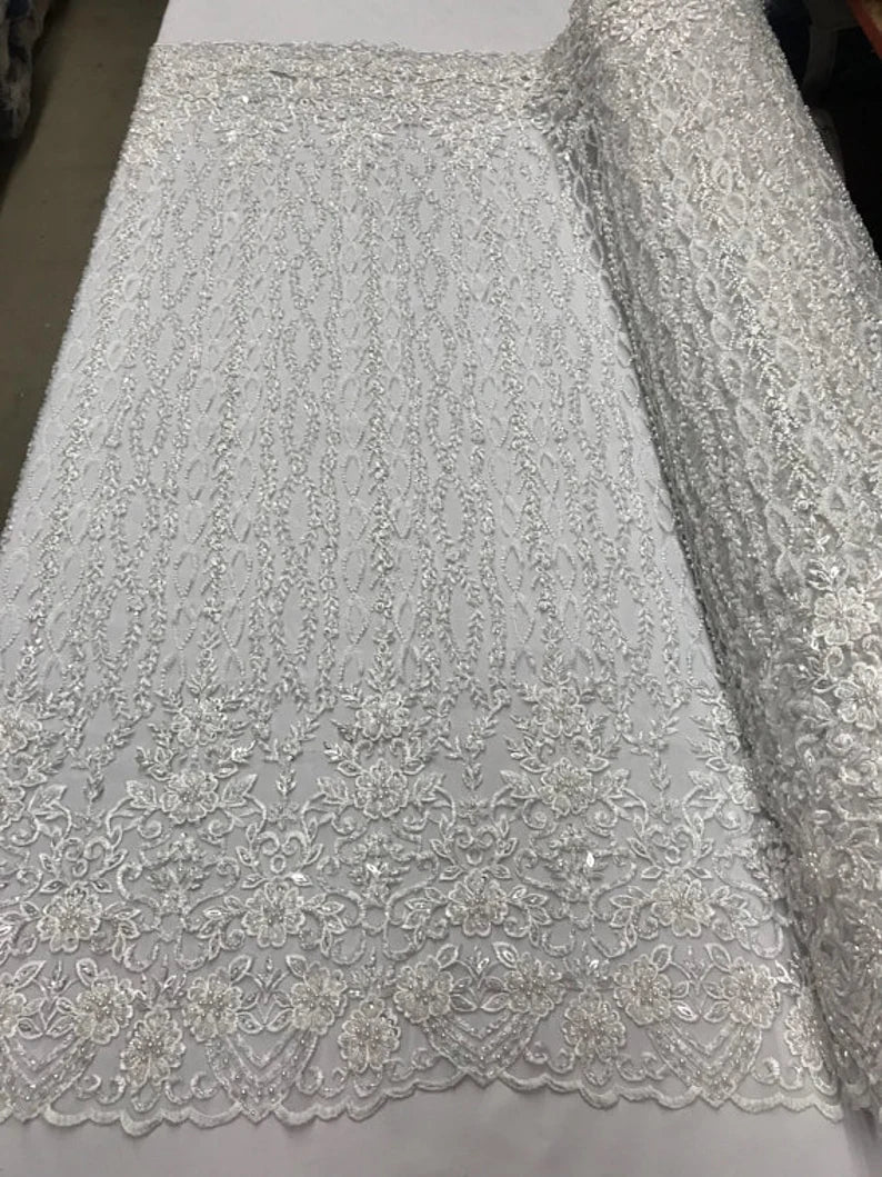 Precious Bridal Beaded Sequins On Mesh Fabric By The Yard Used For -Dress-Bridal-Fashion-Decor [White]
