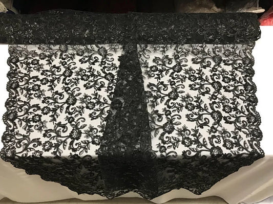 Rose Floral Swirls Sequins On Mesh Lace Fabric By The Yard Used For -Dress-Bridal-Decorations [Black]