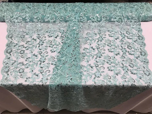 Rose Floral Swirls Sequins On Mesh Lace Fabric By The Yard Used For -Dress-Bridal-Decorations [Mint]