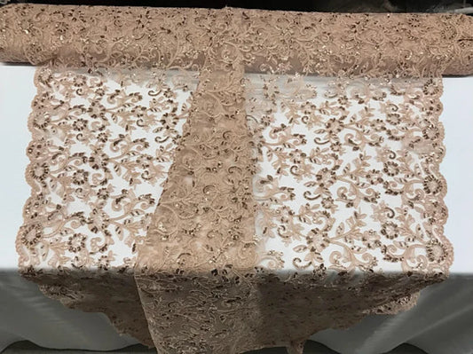 Rose Floral Swirls Sequins On Mesh Lace Fabric By The Yard Used For -Dress-Bridal-Decorations [Nude
