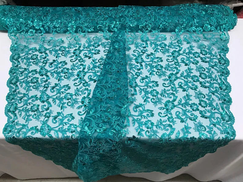Rose Floral Swirls Sequins On Mesh Lace Fabric By The Yard Used For -Dress-Bridal-Decorations [Teal]