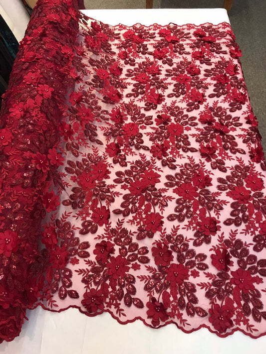 Burgundy 3d floral princess design embroidery with pearls and sequins on a mesh lace-dresses-apparel-fashion-prom-nightgown-sold by the yard