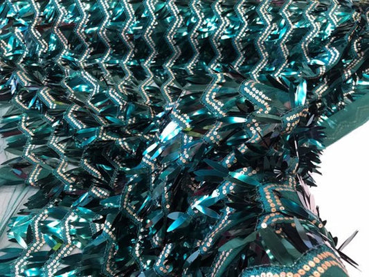 Chevron Tinsel Sequins On Mesh Fabric By The Yard Used For -Dress-Bridal-Decorations [Hunter Green] FREE SHIPPING!!!