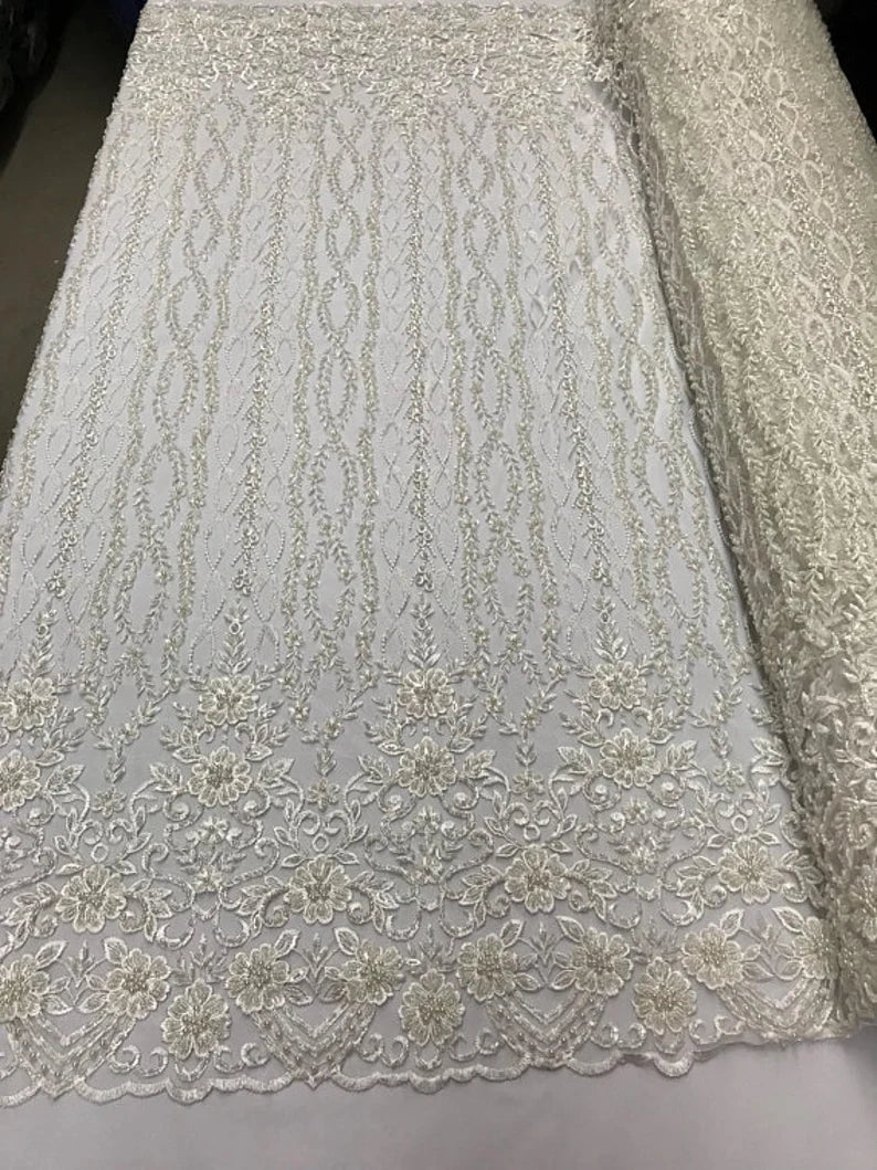 Precious Bridal Beaded Sequins On Mesh Fabric By The Yard Used For -Dress-Bridal-Fashion-Decor [Ivory]