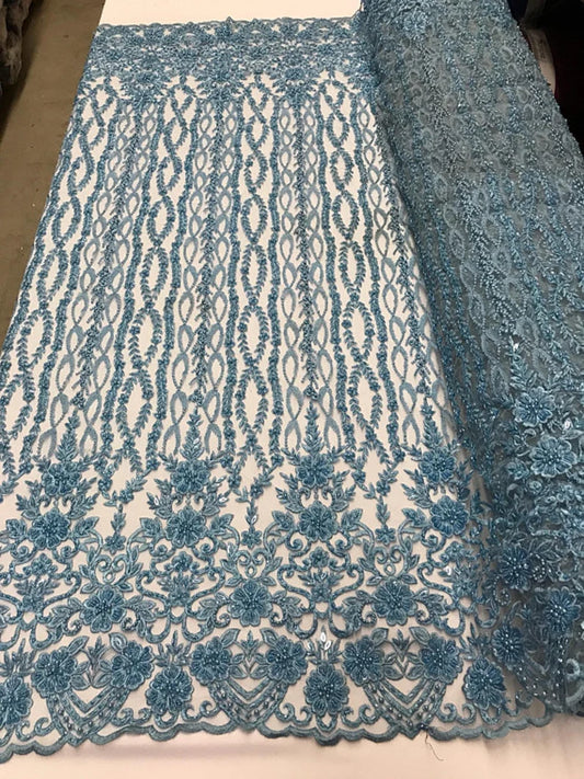 Precious Bridal Beaded Sequins On Mesh Fabric By The Yard Used For -Dress-Bridal-Fashion-Decor [Blue]