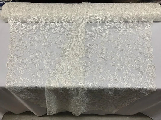 Rose Floral Swirls Sequins On Mesh Lace Fabric By The Yard Used For -Dress-Bridal-Decorations [Ivory]