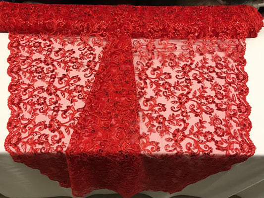 Rose Floral Swirls Sequins On Mesh Lace Fabric By The Yard Used For -Dress-Bridal-Decorations [Red]