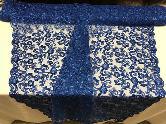 Rose Floral Swirls Sequins On Mesh Lace Fabric By The Yard Used For -Dress-Bridal-Decorations [Royal Blue]