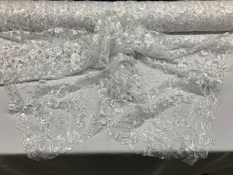 Rose Floral Swirls Sequins On Mesh Lace Fabric By The Yard Used For -Dress-Bridal-Decorations [White]