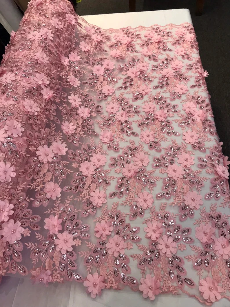 Pink 3d floral princess design embroidery with pearls and sequins on a mesh lace-dresses-fashion-apparel-prom-nightgown-sold by the yard.
