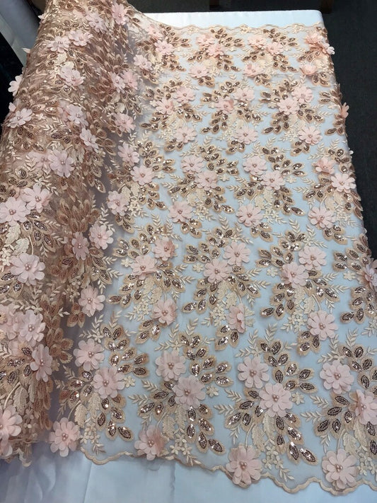 Peach-blush 3d floral princess design embroidery with pearls and sequins on a mesh lace-dresses-apparel-fashion-prom-nightgown-sold by yard.