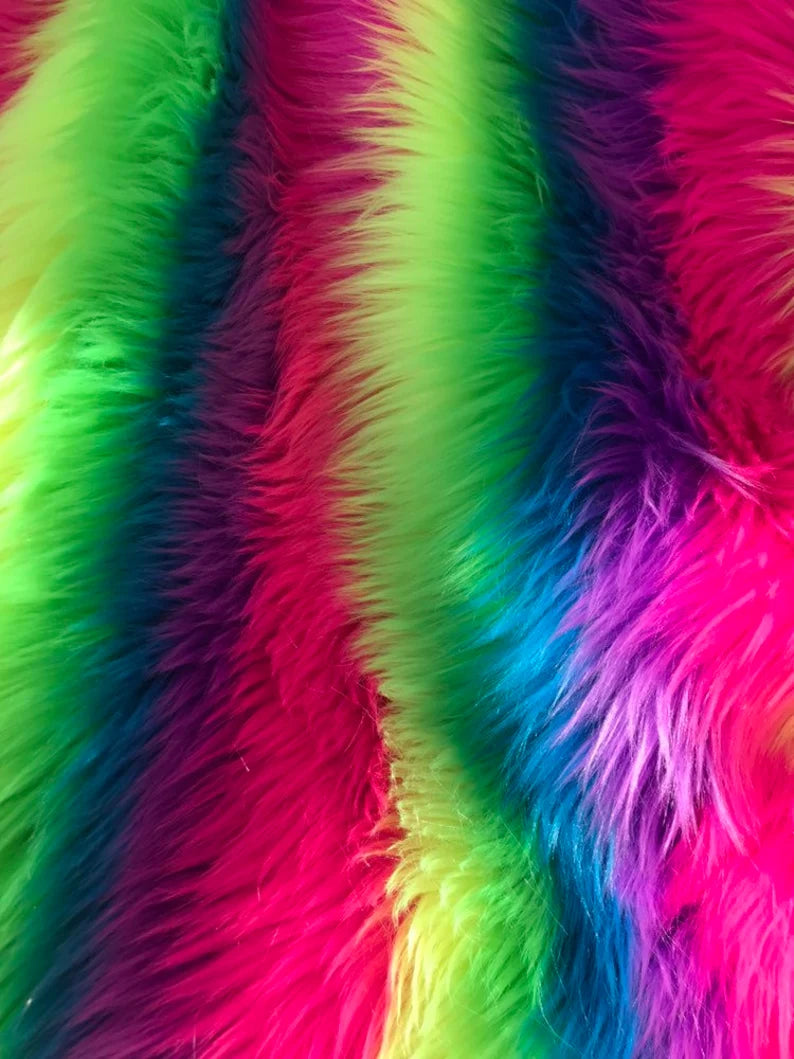Shaggy Rainbow Stripe Faux Fur Fabric By The Yard Can Be Used For Costumes-Clothing-Accessories-Rugs [Neon Rainbow]
