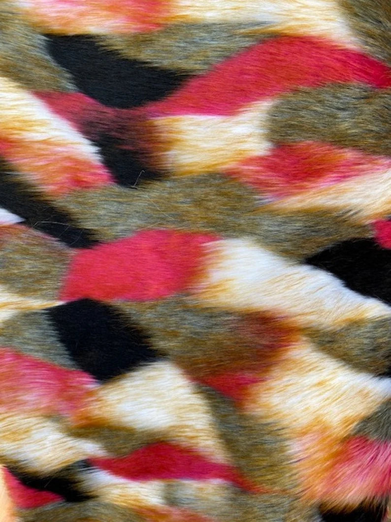 Patch Rainbow Faux Fur Fabric By The Yard Can Be Used For Costumes-Clothing-Accessories-Rugs [Multi-Color-Hot Pink]