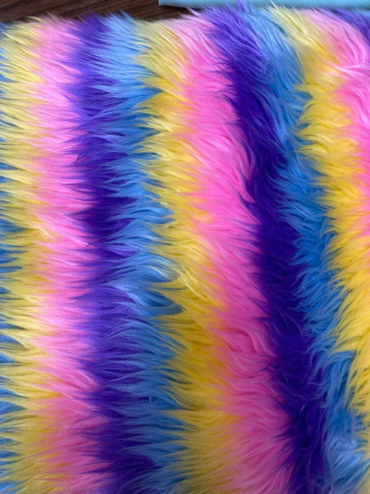 Shaggy Pastel Rainbow Stripe Faux Fur Fabric By The Yard Can Be Used For Costumes-Clothing-Accessories-Rugs [Multi-Color Pastel]