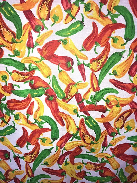 60" Wide Hot Chili Pepper Poly Cotton Print Fabric Sold By The Yard. White