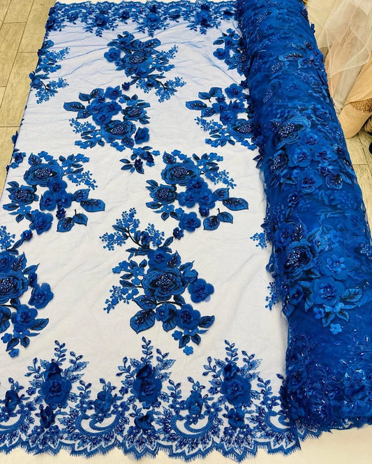 Royal blue 3d floral design embroider with beads and pearls on a mesh lace-prom-nightgown-sold by yard.