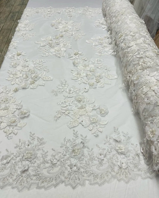 White 3d floral design embroider with beads and pearls on a mesh lace-prom-nightgown-sold by yard.
