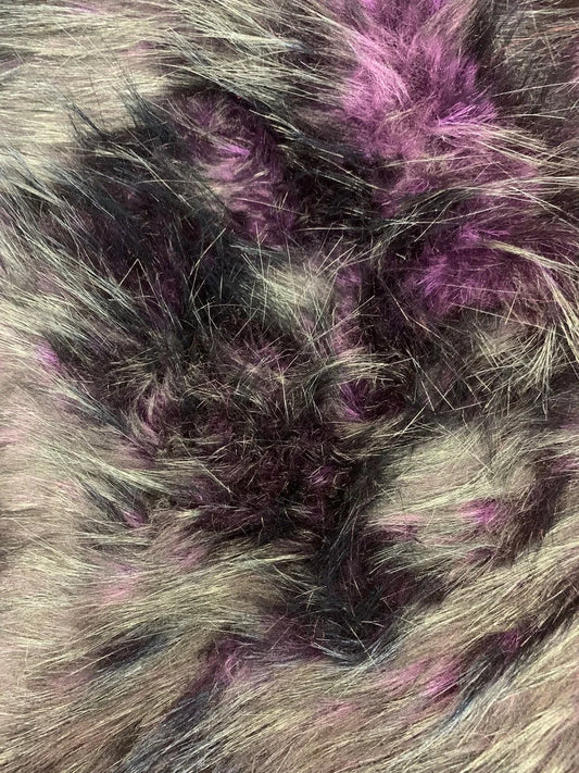 Husky Faux Fur Fabric By The Yard_ Shaggy Long Pile Fake Fur Material/ 2 TONE Fur Plum/Black