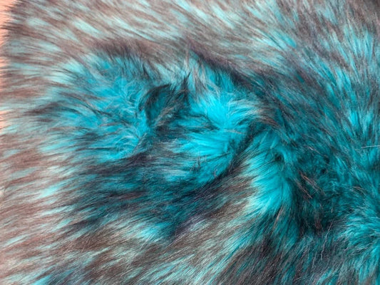 Husky Faux Fur Fabric By The Yard_ Shaggy Long Pile Fake Fur Material/ 2 TONE Fur Turquoise/Black
