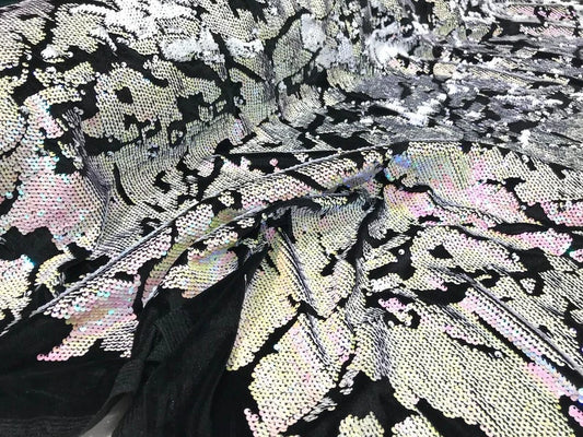 Sequins Flip Two Tone Camouflage Design on a Black Stretch Velvet, Sold by the Yard. Pink/White