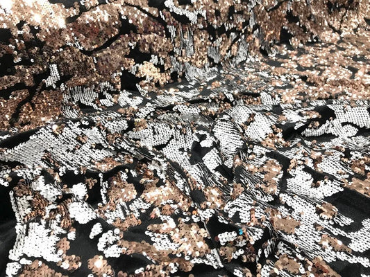 Sequins Flip Two Tone Camouflage Design on a Black Stretch Velvet, Sold by the Yard. Rose Gold/White