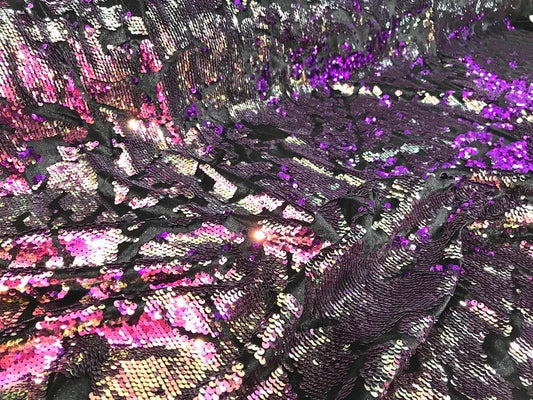 Sequins Flip Two Tone Camouflage Design on a Black Stretch Velvet, Sold by the Yard. Purple/Lavender