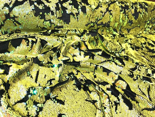 Sequins Flip Two Tone Camouflage Design on a Black Stretch Velvet, Sold by the Yard. Neon Yellow