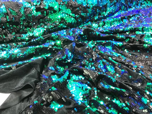 Sequins Flip Two Tone Camouflage Design on a Black Stretch Velvet, Sold by the Yard. Green/Purple/Black