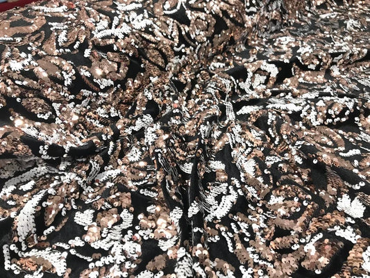 Sequins Flip Two Tone Floral Design on a Black Stretch Velvet, Sold by the Yard. Rose Gold/White