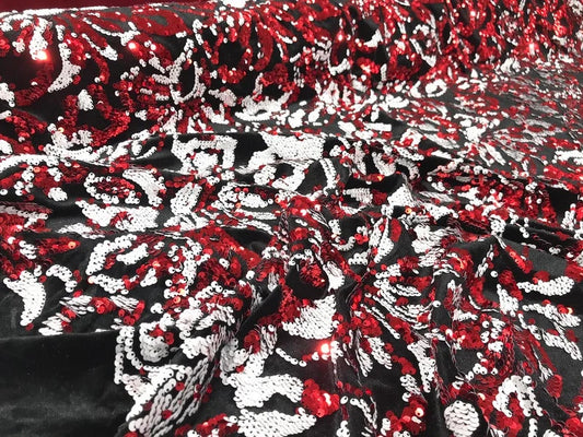 Sequins Flip Two Tone Floral Design on a Black Stretch Velvet, Sold by the Yard. Red/White