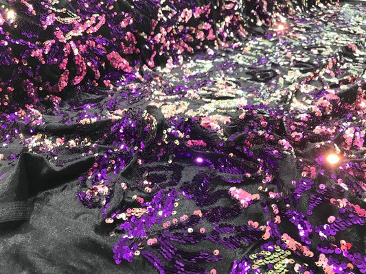 Sequins Flip Two Tone Floral Design on a Black Stretch Velvet, Sold by the Yard. Purple/Lavender