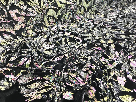 Sequins Flip Two Tone Floral Design on a Black Stretch Velvet, Sold by the Yard. Pink/Silver