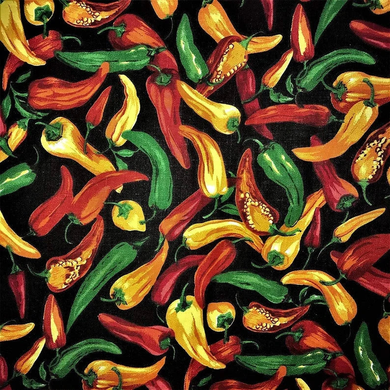 60" Wide Hot Chili Pepper Poly Cotton Print Fabric Sold By The Yard. Black