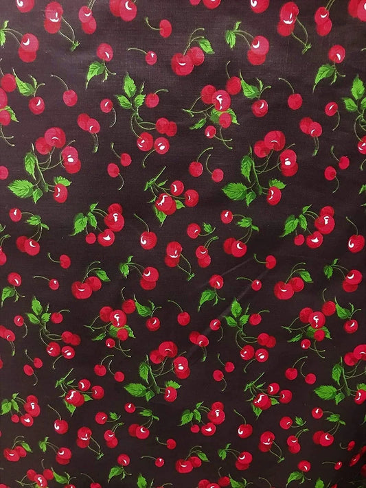 Cherry Fruit Print Poly Cotton Fabric 58"/59" Width Sold by The Yard. Black