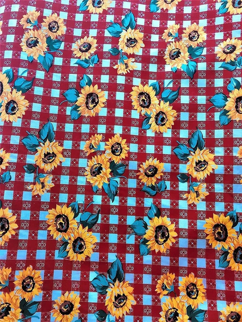 58/59" Wide 65% Polyester 35 percent Cotton Fabric, Sunflower Print, Good to Make Face Mask Covers, Sold By The Yard. Red
