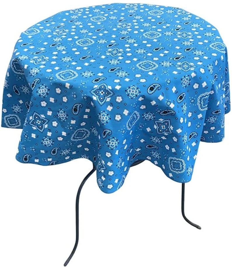 Round Print Poly Cotton Tablecloth (Bandanna Turquoise , Choose Size Below