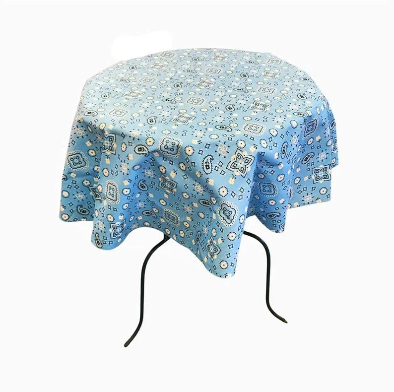 Round Print Poly Cotton Tablecloth (Bandanna Light Blue , Choose Size Below