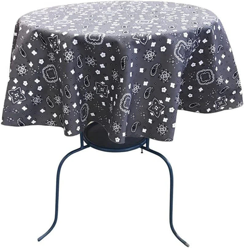 Round Print Poly Cotton Tablecloth (Bandanna Gray, Choose Size Below