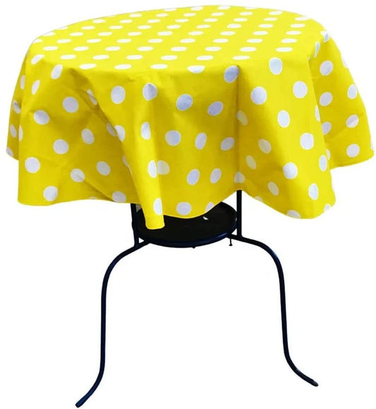 Round Poly Cotton Print Tablecloth (Polka Dot White on Yellow. Choose Size Below