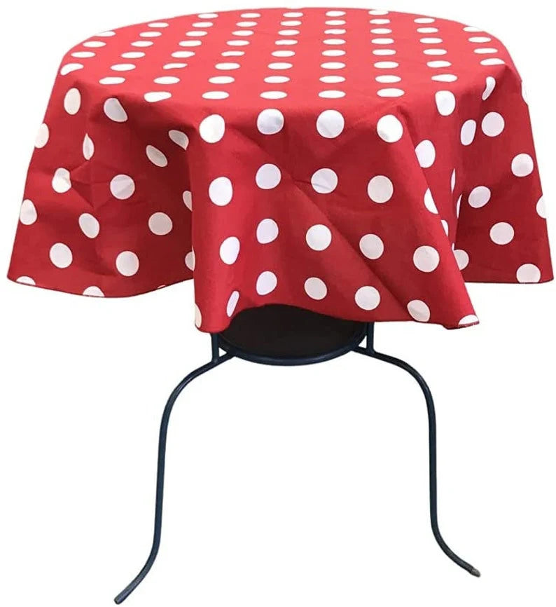 Round Poly Cotton Print Tablecloth (Polka Dot White on Red. Choose Size Below