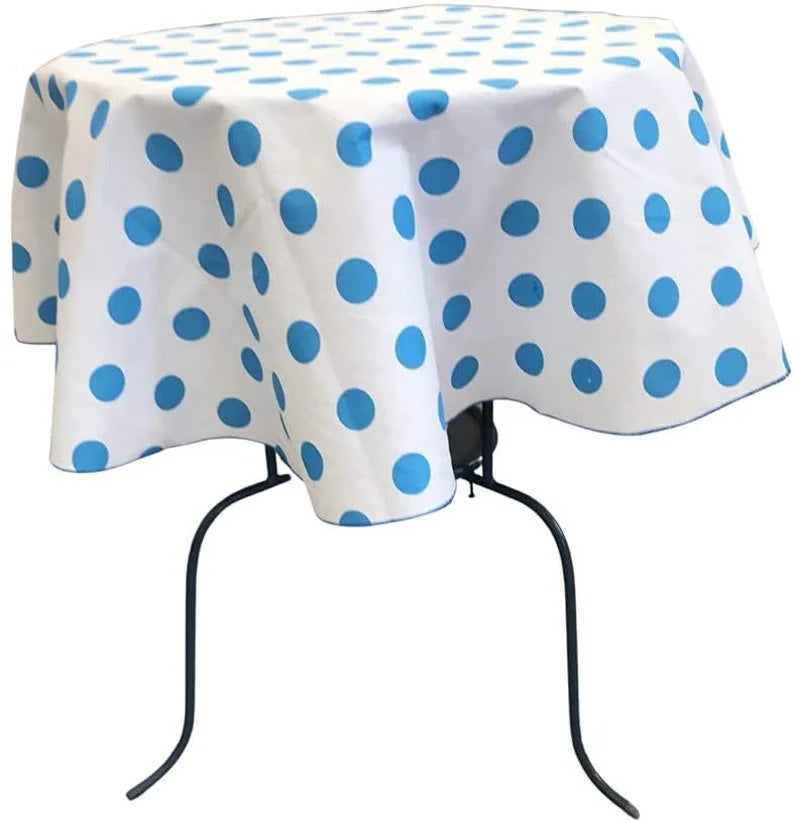 Round Poly Cotton Print Tablecloth (Polka Dot Turquoise on White. Choose Size Below