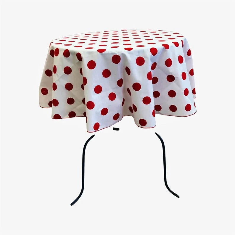 Round Poly Cotton Print Tablecloth (Polka Dot Red on White. Choose Size Below