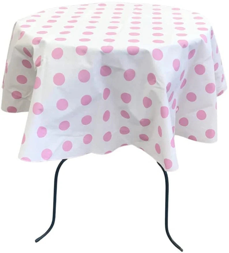 Round Poly Cotton Print Tablecloth (Polka Dot Pink on White. Choose Size Below