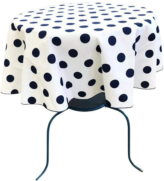 Round Poly Cotton Print Tablecloth (Polka Dot Navy on White. Choose Size Below