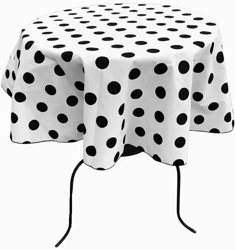 Round Poly Cotton Print Tablecloth (Polka Dot Black on White. Choose Size Below