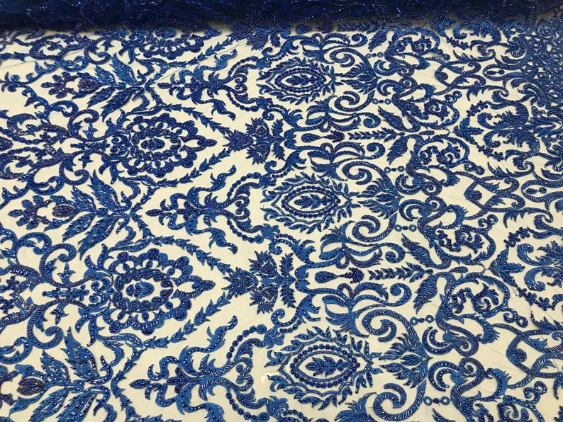 Royal blue floral damask embroider and heavy beaded on a mesh lace fabric-sold by the yard-