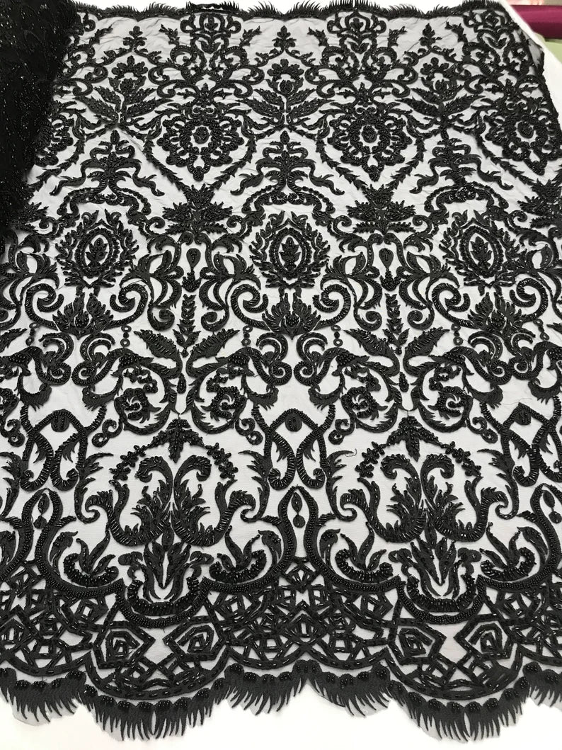 Black floral damask embroider and heavy beaded on a mesh lace fabric-sold by the yard-