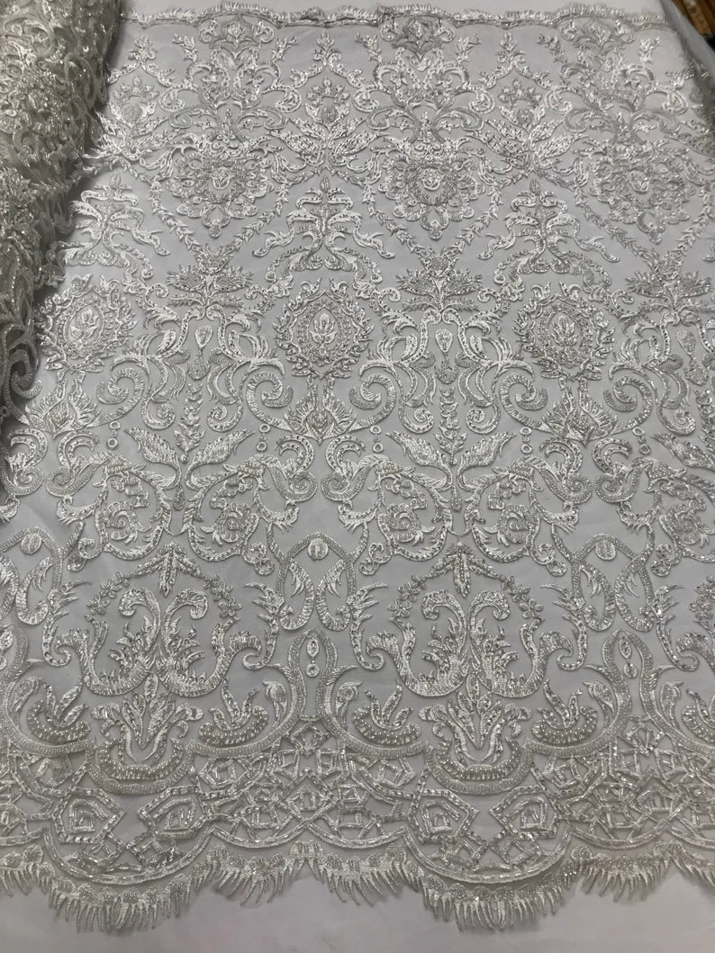 White floral damask embroider and heavy beaded on a mesh lace fabric-sold by the yard-