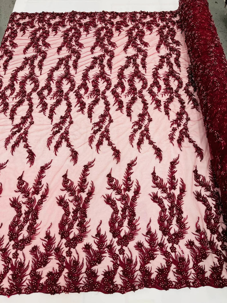 Burgundy 3D floral Vine Design Embroider and heavy beading on a mesh lace-sold by the yard.