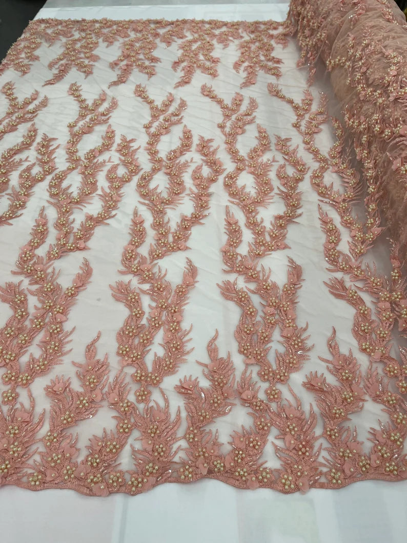Blush peach 3D floral Vine Design Embroider and heavy beading on a mesh lace-sold by the yard.